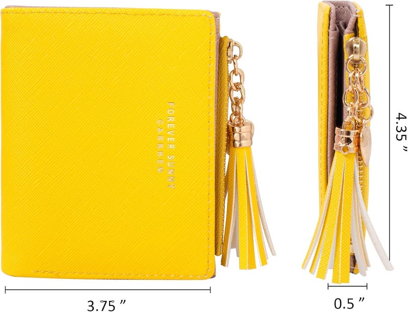 KOTORA Womens Small Wallet Girls Tiny Slim Wallets Pretty Mini Card Holder Thin Short Zip Coin Purse with Love Pendant and Tassels (Yellow) - Image 2